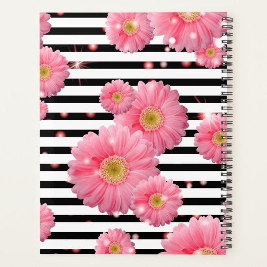 Roze Gerbera-bloemen op zwarte en witte strepen Planner (Achterkant)