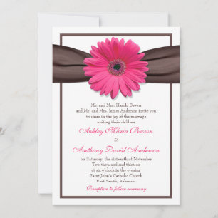Roze Gerbera Daisy Brown Ribbon Wedding Invitation Kaart