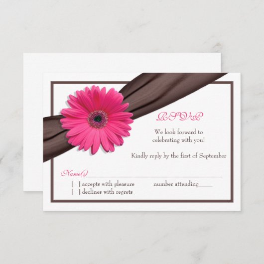 Roze Gerbera Daisy Bruine Lint Trouw Antwoordkaart RSVP Kaartje (Voorkant / Achterkant)