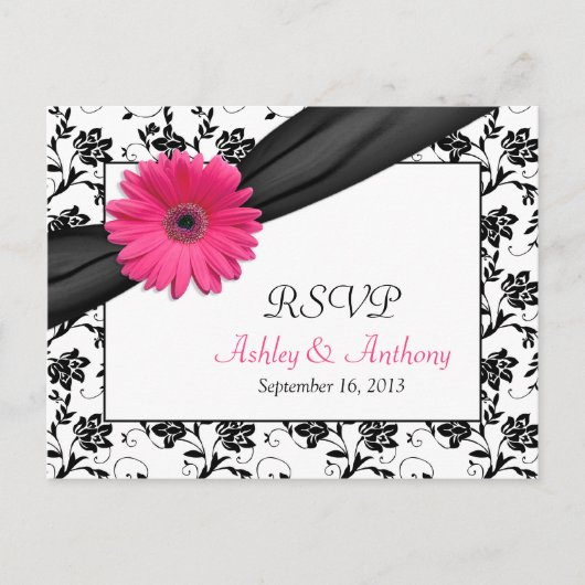 Roze Gerbera Daisy Damask Bruiloft RSVP Briefkaart (Voorkant)