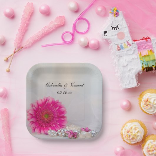 Roze Gerbera Daisy en Buttonnen bruiloft Papieren Bordje (Feest)