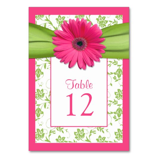 Roze Gerbera Daisy Green Damask Tafelnummer Kaart (Achterkant)