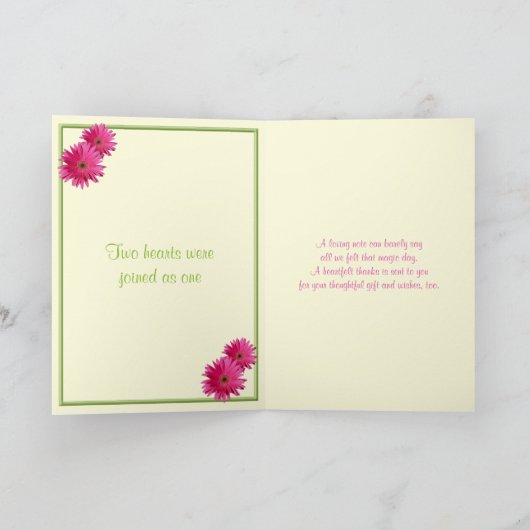 Roze Gerbera Daisy Green Ribbon bruiloft Dank u Bedankkaart (Binnen)