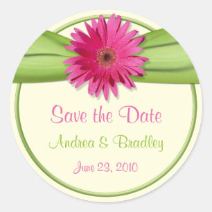 Roze Gerbera Daisy Groene Bruiloft Save the Date Ronde Sticker