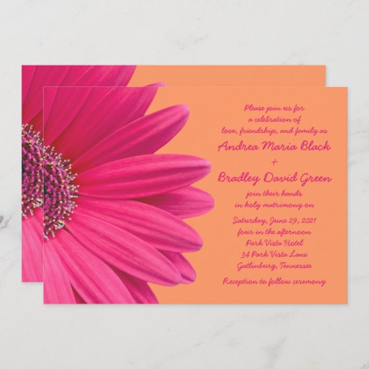 Roze Gerbera Daisy met uitnodiging tot Oranje brui (Voorkant / Achterkant)