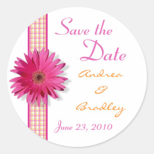 Roze Gerbera Daisy Plaid Lint Bruiloft Ronde Sticker