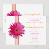 Roze Gerbera Daisy Pset Ribbon Wedding Invitation Kaart (Voorkant / Achterkant)