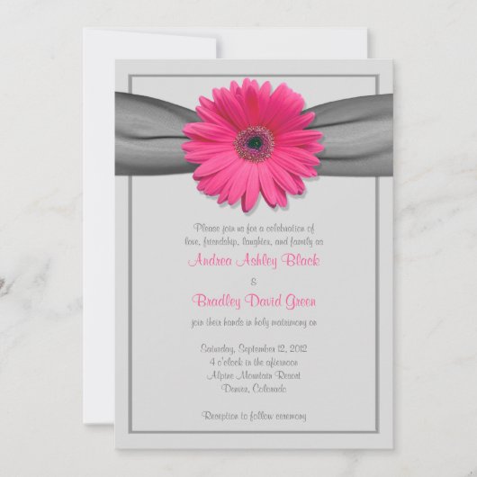 Roze Gerbera Daisy Silver Gray Ribbon Uitnodiging (Voorkant)