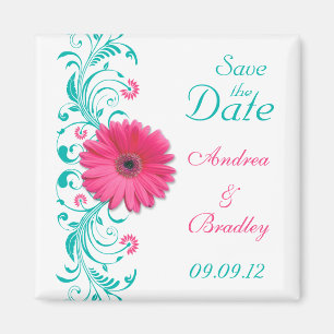 Roze Gerbera Daisy Turquoise Bloemen Save the Date Magneet