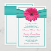 Roze Gerbera Daisy Turquoise Ribbon Wedding Kaart (Voorkant / Achterkant)