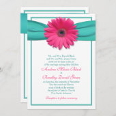 Roze Gerbera Daisy Turquoise Wedding Invitation Kaart (Voorkant / Achterkant)