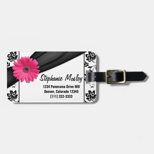 Roze Gerbera Daisy Zwart Wit Damask Floral Bagagelabel (Voorkant horizontaal)