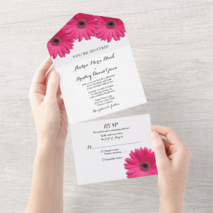 Roze Gerbera Madeliefjes Bloemige Trouw RSVP All In One Uitnodiging