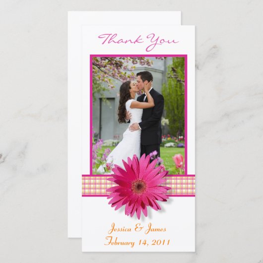 Roze Gerbera-Margriet Geruite Lint Trouw Huwelijk Bedankkaart (Voorkant / Achterkant)