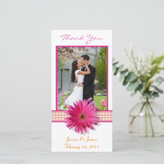 Roze Gerbera-Margriet Geruite Lint Trouw Huwelijk Bedankkaart (Staand voorkant)