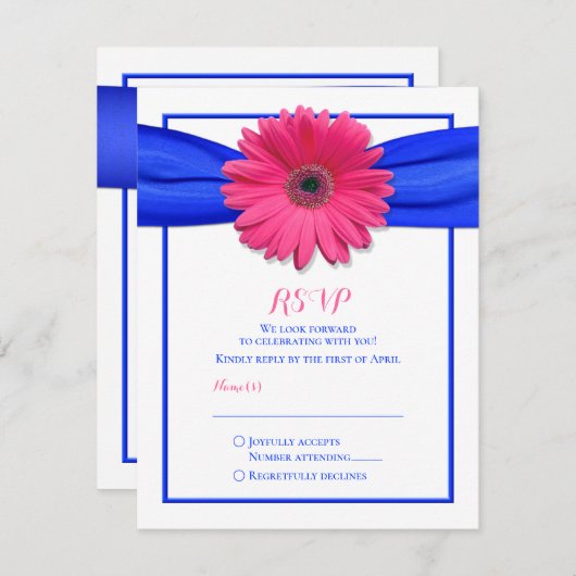 Roze Gerbera met Blue Ribbon RSVP Card (Voorkant / Achterkant)