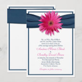 Roze Gerbera met Navy Blue Ribbon Invitation Kaart (Voorkant / Achterkant)