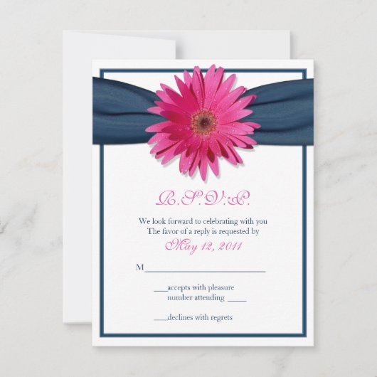 Roze Gerbera met Navy Ribbon Response Kaart (Voorkant)