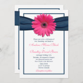 Roze Gerbera met Navy Ribbon Wedding Invitation Kaart (Voorkant / Achterkant)