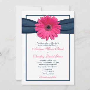Roze Gerbera met Navy Ribbon Wedding Invitation Kaart