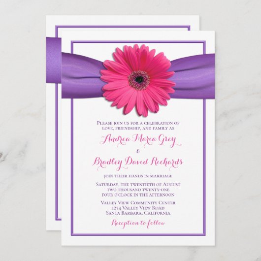 Roze Gerbera met uitnodiging van het Paarse Satin (Voorkant / Achterkant)