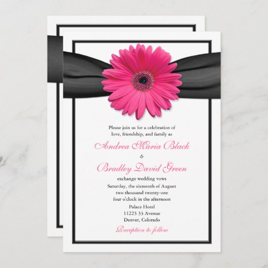 Roze Gerbera met zwarte lintuitnodiging Kaart (Voorkant / Achterkant)