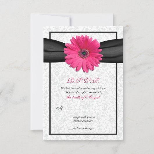 Roze Gerbera Zwarte Lint Trouw Huwelijk Antwoordka RSVP Kaartje (Voorkant)