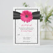 Roze Gerbera Zwarte Lint Trouw Huwelijk Antwoordka RSVP Kaartje (Staand voorkant)