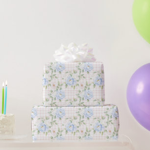 Roze geruit blauw blozend bloemig verjaardag cadeaupapier