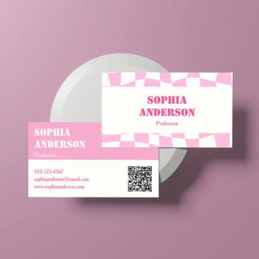 Roze geruit Visitekaartje met QR-code