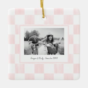 Roze geruite gepersonaliseerde foto keramisch ornament