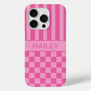 Roze geruite gestreepte gepersonaliseerde iPhone 15 pro case