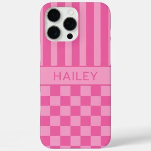 Roze geruite gestreepte gepersonaliseerde iPhone 16 pro max hoesje