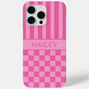 Roze geruite gestreepte gepersonaliseerde iPhone 15 pro max hoesje