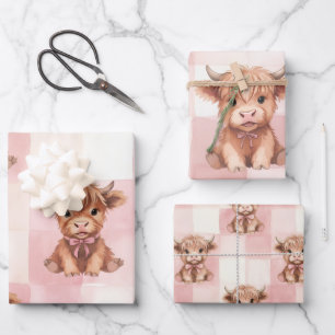Roze geruite Highland-kow cadeauverpakking Inpakpapier Vel