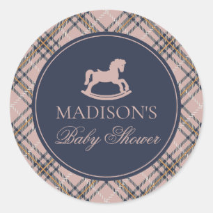 Roze geruite hobbelpaard babyshower enveloppe verz ronde sticker