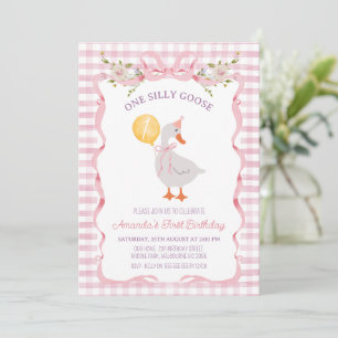 Roze geruite 'One Silly Goose' 1e verjaardag Kaart