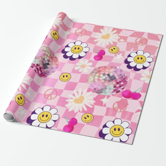 roze geruite Retro Groovy Cadeaupapier (Uitgerold)