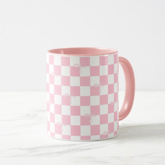 Roze Geruite Trendy Coquette Bows en Checks Mok (Voorkant rechts)