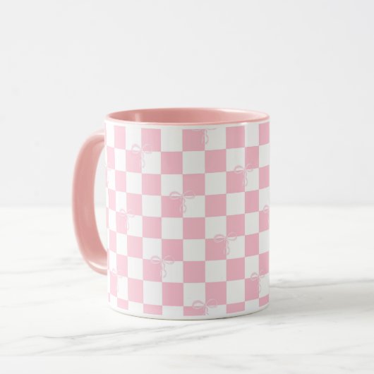 Roze Geruite Trendy Coquette Bows en Checks Mok (Voorkant links)