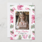 Roze Geschenken & Bogen Aangepaste Kerstfoto & Naa Feestdagenkaart (Voorkant)