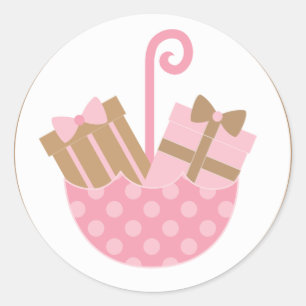 Roze Geschenken in Paraplu Baby shower Ronde Sticker
