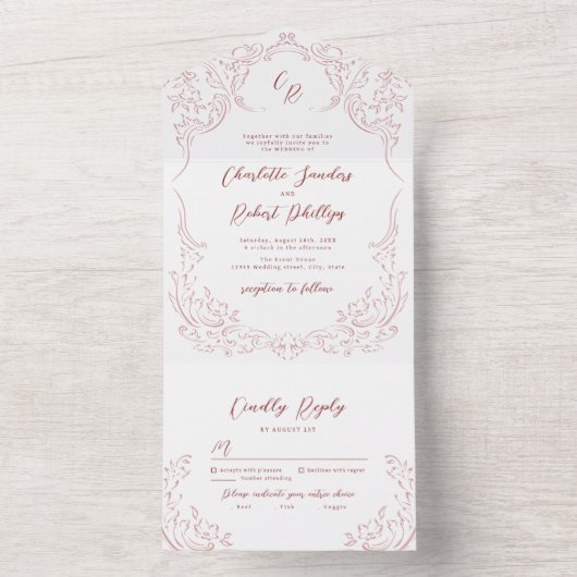 Roze geschetste bloeien Monogram bruiloft All In One Uitnodiging (Binnen)