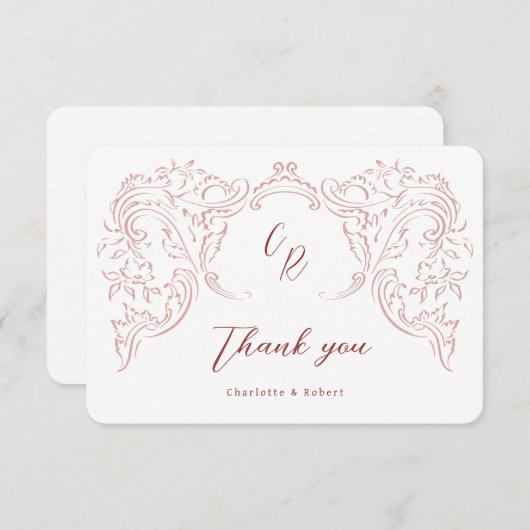 Roze geschetste bloeien Monogram bruiloft Bedankkaart (Voorkant / Achterkant)