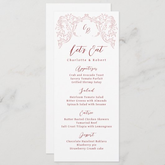 Roze geschetste  bloeien Monogram bruiloft Menu (Voorkant / Achterkant)