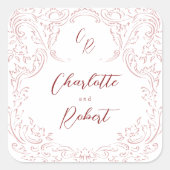 Roze geschetste bloeien Monogram bruiloft Vierkante Sticker (Voorkant)
