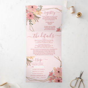 Roze Geschilderde Bloemen Glitter Registry Detail  Drieluik Uitnodiging