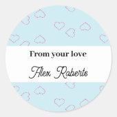 Roze gestikte harten op blauw ronde sticker (Voorkant)