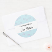 Roze gestikte harten op blauw ronde sticker (Envelop)