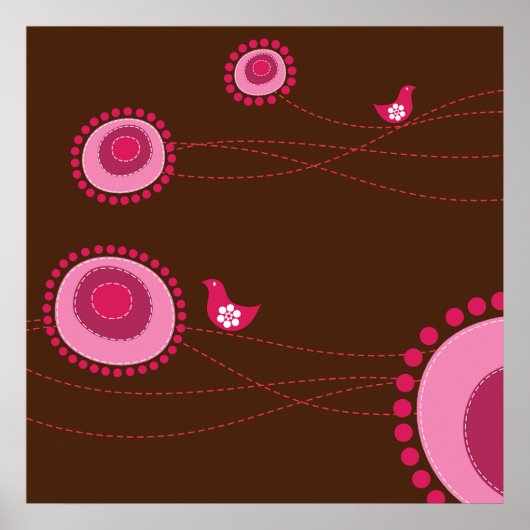 Roze gestippelde bloemen en Happy Birds Poster (Voorkant)